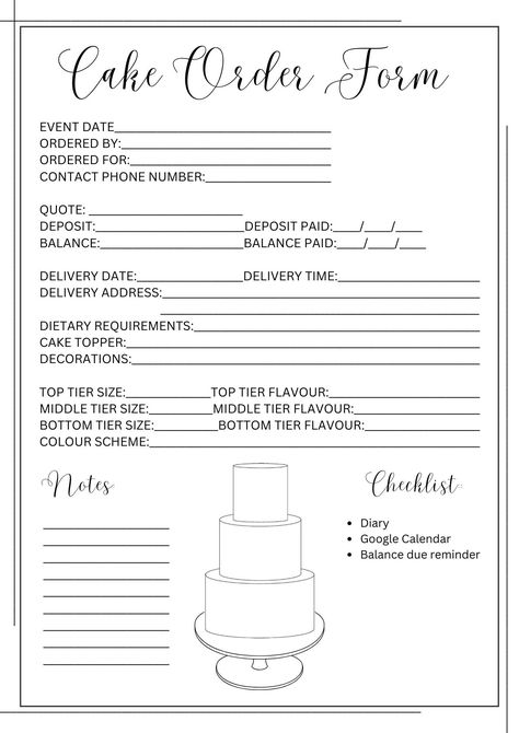 After many years in the cake making industry some things I have found very helpful, I would like to now share with you! The next generation of cake creators.  Use my easy, beautiful planners to elevate your business. Cake Business Plan, Cake Pricing Chart, Bakery Building, Cake Pricing Guide, Cake Order Form, Cake Sizes And Servings, Cake Order Forms, Home Bakery Business, Cake Templates