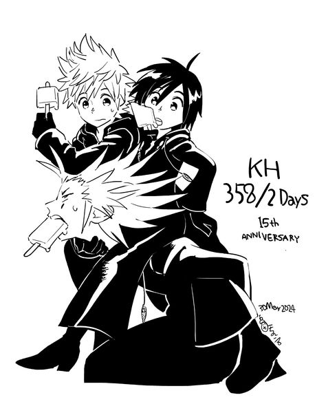 Official art celebrating Kingdom Hearts 358/2 Days' 15th Anniversary by mangaka Shiro Amano, from Amano's official X(Twitter) account Kingdom Hearts Crown, Twilight Town, Xion Kingdom Hearts, Notion Setup, Axel Kingdom Hearts, Roxas Kingdom Hearts, Organization Xiii, Kingdom Hearts Fanart, Sora Kingdom Hearts