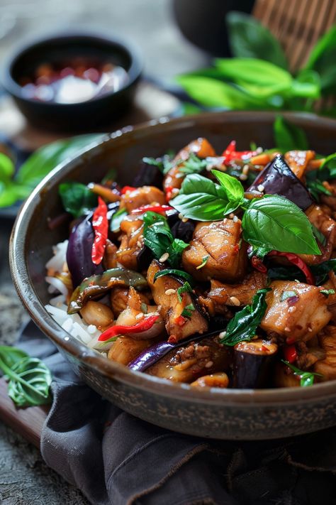 Stir-fried chicken with basil and vegetables served over white rice in a bowl. Eggplant Thai Basil, Thai Sides Veggies, Thai Eggplant Recipes Stir Fry, Thai Veggie Stir Fry, Recipes With Thai Basil, Thai Sides, Thai Eggplant Recipes, Thai Basil Eggplant Recipe, Thai Stir Fry Vegetables