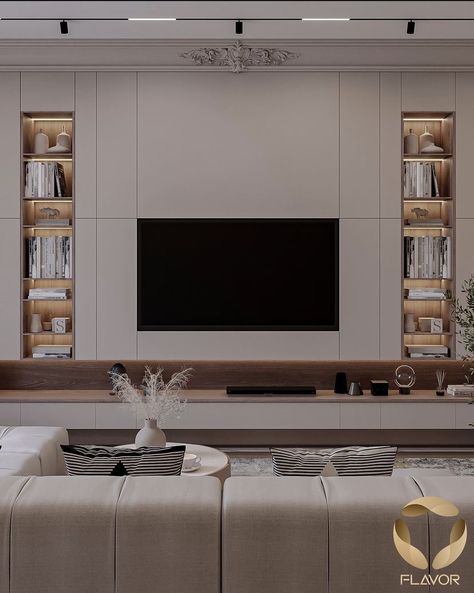 65 Inches Tv Wall Design, Fluted Kitchen, Built In Wall Units, Modern Tv Unit Designs, Built In Shelves Living Room, Living Room Wall Units, Loft Interior Design, Tv Room Design, Loft Interiors