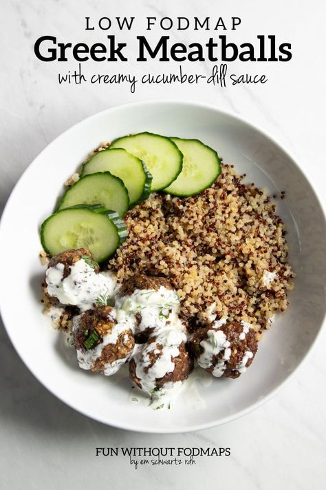 Low FODMAP Greek Meatballs with Creamy Cucumber Dill Sauce Fun Without FODMAPs Low Fodmap Cucumber Recipes, Low Fodmap Mediterranean Recipes, Cucumber Dill Sauce, Fodmap Meals, Low Fodmap Vegetables, Fodmap Recipes Dinner, Low Fodmap Recipes Dinner, Fodmap Food, Low Fodmap Diet Recipes