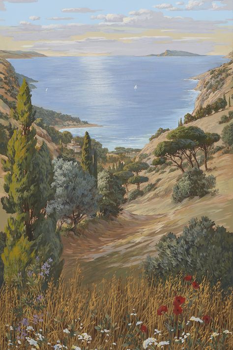 An invitation to enjoy Tuscany and its relaxing Mediterranean atmosphere. Each original painting illustrates a different scene, to be displayed alone or together according to individual preference, depicting the sea, the countryside and the mountains. Here, the painting illustrates the sea and its verdant coast. The panoramic VOYAGE EN TOSCANE was created as a Myriorama*. The panels can be displayed in any order. #pierrefreywallpaper #pierrefreyjanuary2020 #pierrefreyfurniture Pierre Frey Fabric, Interior Design Consultation, Interior Design Color, Milk Shop, Pierre Frey, Print Wallpaper, Design Consultant, Tuscany, Original Paintings