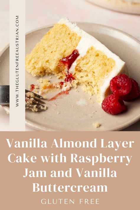 This easy to make Gluten Free Vanilla Raspberry Cake has two layers of soft, tender vanilla almond cake, filled with delicious raspberry jam and frosted with vanilla buttercream. Gf Almond Cake, Gluten Free Lemon Raspberry Cake, Gluten Free Raspberry Cake, Gluten Free Raspberry Desserts, Vanilla Cake Raspberry Filling, Zinger Recipe, Vanilla Raspberry Cake, Vanilla Almond Cake, Raspberry Zinger