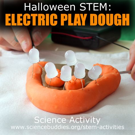 Explore electronics and simple circuits with #Halloween #STEM! Use conductive and insulating play dough to make pumpkins, ghosts, and other light-up creations!   #squishycircuits #scienceactivity #HalloweenScience #scienceteacher #scienceproject #K12science #scienceisfun #science #sciencefair  Lesson: https://www.sciencebuddies.org/teacher-resources/lesson-plans/squishy-circuits?from=Pinterest  Activity: https://www.sciencebuddies.org/stem-activities/squishy-circuits?from=Pinterest Squishy Circuits, Fun Lesson Plans, Halloween Stem, Halloween Science, Stem Classes, Halloween Class Party, Simple Circuit, Engineering Projects, Stem For Kids