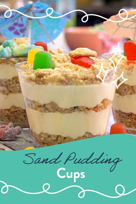 Can't spend the day at the beach? Play pretend with this delicious snack. Ocean Pudding Cups, Beach Pudding Cups, Sand Pudding Cups, Beach Theme Desserts, Sand Pudding, Crystal Cups, Pudding Cup Recipes, Ideas For Fun, Camping Snacks