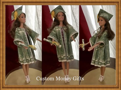 Doll with Money hat & gown for your graduate made by #custommoneygifts. Available upon request with any denomination of bills. For more info please contact Margarita @ (818)903-2202 Money Dress Diy Dollar Bills, Graduation Money Tree, Make A Money Tree For A Gift, Money Hat, Money Necklace For Graduation, Barbie Doll Money Dress, Easy Money Origami, Custom Money, Money Rose