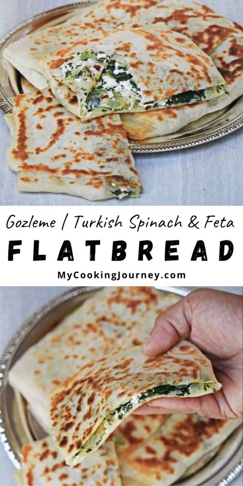 Spinach And Feta Gozleme, Feta Spinach Recipes, Feta Flatbread, Feta Bread, Gozleme Recipe, Arabisk Mad, Feta Cheese Recipes, God Mad, Flat Bread