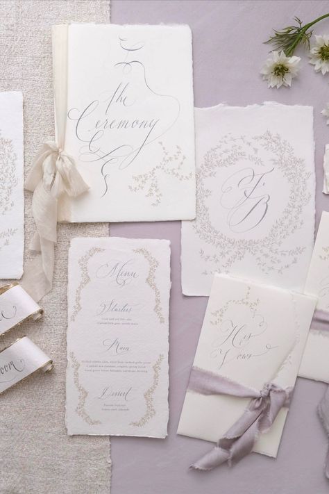 Silkpen Calligraphy Handmade Paper day-of Wedding items in an Old World, Antique, European style. Fully customisable with different calligraphy styles, paper choices and printing methods; gold foil or letterpress. Featured here are vow books, ceremony booklet, menu and scroll name cards. Elegant and understated, a perfect and unique expression of your Wedding day. Available internationally. Flourishing Calligraphy, Ceremony Booklet, Vow Books, Calligraphy Envelope, Wedding Items, Calligraphy Wedding Invitation, Vow Book, Calligraphy Wedding, Wedding 2025