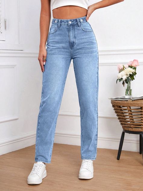 SHEIN Tall High Waist Mom Fit JeansI discovered amazing products on SHEIN.com, come check them out! Pantalones Mom Jeans, Mom Jeans Outfit, Jeans Outfit Women, Trendy Outfits For Teens, Jeans Mom, Tall Jeans, Cute Jeans, Women Denim Jeans, Western Dresses