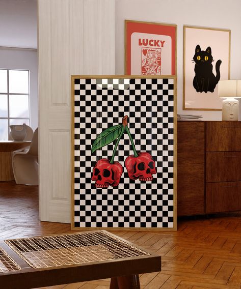 Simplicity Apartment Decor, Checkered Home Aesthetic, Checkered Decor Aesthetic, Black And Red Home Decor, Maximalist Goth Decor, Checkered Bathroom Decor, Retro Salon Decor, Checkered Home Decor, Checkered Room Aesthetic