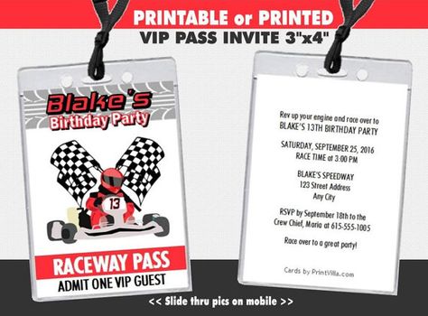 Go Kart Racer VIP Pass Party Invitation, Printable with Printed Option, Go Kart Theme, Go Cart Invites, Girl or Boy Birthday, Racing Go Kart Party, 13th Birthday Invitations, Go Kart Tracks, Go Kart Racing, Hot Wheels Party, Birthday Party Design, Race Party, Car Birthday Theme, Race Car Birthday Party