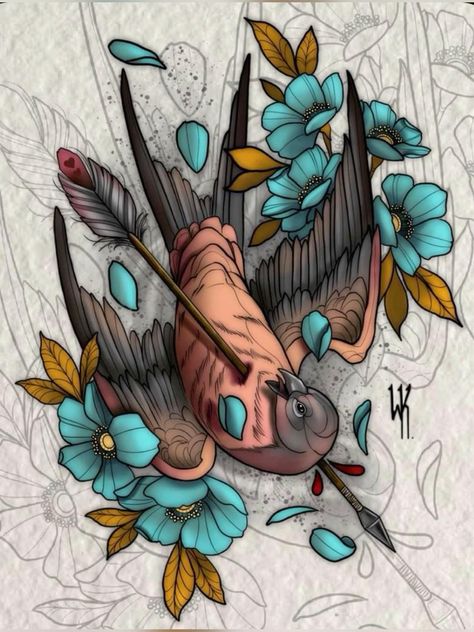 Neo Traditional Tattoos Bird, Neotraditional Tattoo Sketch, Neo Trad Flowers, Neo Traditional Design, Neo Traditional Sleeve, Neo Traditional Art, Bird Tattoo Sleeves, Neo Tattoo, Traditional Tattoo Inspiration