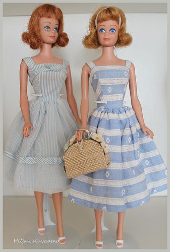 Vintage Barbie shelved | Two 60's Midges in vintage dresses | Flickr Hanna Core, Xmen Oc, Midge Barbie Doll, Midge Barbie, Blue Barbie, Sewn Clothes, She Is Everything, Movie Outfit, Lifeguard Chair