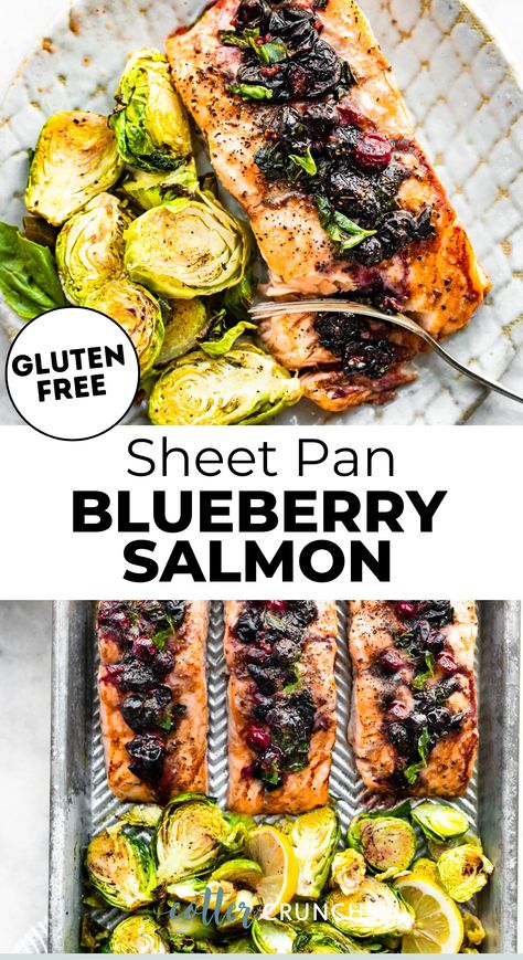 This Sheet Pan Blueberry Salmon and Veggies is a nutrient-rich dinner that’s ready in 25 minutes and bursting with flavor! All it takes is a few simple real food ingredients, and you’ll have a complete meal that has the whole family eagerly waiting around the dinner table. Salmon Recipes Sheet Pan, Fish Sheet Pan Recipes, Dairy Free Fish Recipes, One Sheet Pan Meals Salmon, Salmon Sheet Pan Dinner Healthy, Blueberry Salmon, One Sheet Pan Meals Healthy Fish, Sheet Pan Salmon And Veggies, Sheet Pan Salmon With Sweet Potatoes And Broccoli