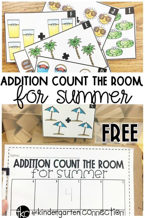 Addition Projects Kindergarten, Addition Math Centers Kindergarten, Beach Day Activities For Kindergarten, Summer Math Activities For Kids, Count The Room Kindergarten Free, Math Write The Room Kindergarten, Summer Math Kindergarten, Write The Room Kindergarten Freebie, Math Write The Room