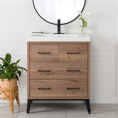 Millwood Pines Heartwell 31.06'' Free-standing Single Bathroom Vanity with Cultured Marble Vanity Top & Reviews | Wayfair Cultured Marble Vanity Top, Mirror Backsplash, Oak Bathroom, Integrated Sink, Marble Countertop, Marble Vanity Tops, Cultured Marble, Sink Top, Nursery Furniture Sets