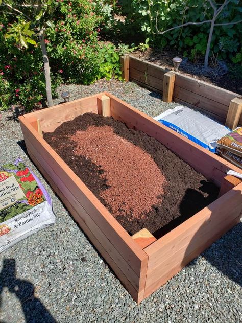 An image of a newly built redwood raised bed, only about half full at this time. In the bed, there is a combination of soil and compost, with some red volcanic rock on top, about to be mixed and then continued to be filled. Fill A Raised Garden Bed, Compost Worms, Raised Vegetable Gardens, Building Raised Garden Beds, Vegetable Garden Raised Beds, Building A Raised Garden, Diy Raised Garden, Raised Garden Beds Diy, Organic Soil