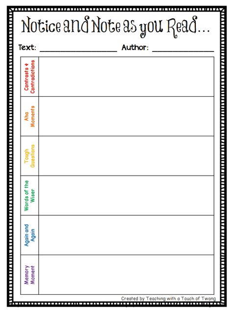 Notice and Note Graphic Organizer Portait.pdf College Notes Organization, Reading Nonfiction, Middle School Ela Classroom, Notice And Note, High School Reading, Guided Reading Lessons, Reading Lesson Plans, Classroom Idea, 6th Grade Reading