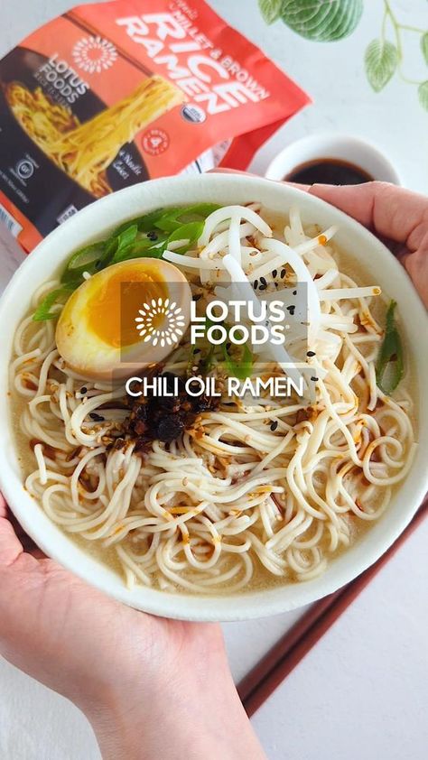 Create your own Chili Oil Ramen bowl with Lotus Foods' #glutenfree Organic Millet & Brown Rice Ramen! 🍜 This easy meal is full of flavor and can be adjusted to suit different spice preferences ranging from mild to fiery hot! 🥵 Perfect for those who crave a spicy kick, top your bowl with savory Ramen Eggs, also known as Ajitsuke Tamago or “seasoned boiled eggs”. #eggs #ramen #noodles #organic #rameneggs #lotusfoods #easymeals Rice Noodle Ramen Recipe, Chili Oil Ramen, Ramen Eggs, Ramen Soup Recipes, Noodle Salad Cold, Spicy Ramen, Ramen Noodle Recipes, Organic Diet, Ramen Soup