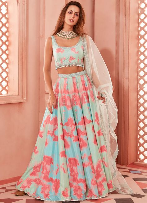 Mint and Pink Tie Dye Lehenga– Lashkaraa Tie Dye Outfits Indian, Tie Dye Lehenga, Dye Lehenga, White Net Dupatta, Lehenga Choli Designer, Mehndi Outfits, Floral Lehenga, Outfit Collection, Heavy Dresses