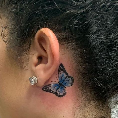 Blue Butterfly Tattoo Behind Ear, Blue Butterfly Tattoo Arm, Blue Outline Butterfly Tattoo, Blue Butterfly Tattoo Collarbone, Blue Buterfluffy Tattoo, Blue Butterfly Tattoo, Blue Butterfly Wings, Semicolon Tattoo, Pink Glam