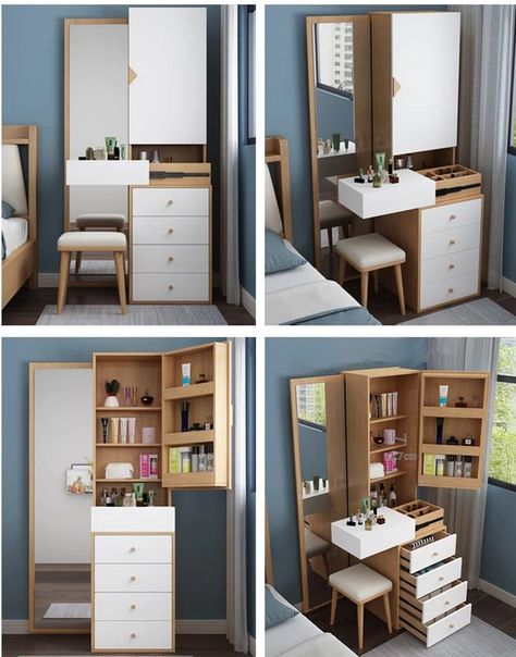 Vanity Table Storage, Mini Dressing Table Ideas, Vanity Table With Large Storage Room, Space Saving Makeup Vanity, Vanity Table In Bedroom Small Spaces, Dressing Table With Storage Small Spaces, Morden Dressing Table Ideas, Bedroom Vanity Small Space, Space Saving Vanity Ideas