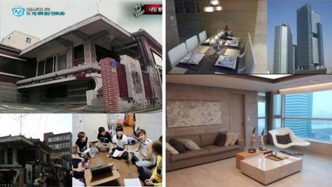 This is a male idol before and after dorm. You can see that after some years, when they become more popular they get bigger dorms. Idol Dorm, Loft Bed, Loft, Bed, Outdoor Decor, Furniture, Quick Saves, Home Decor, Home Décor