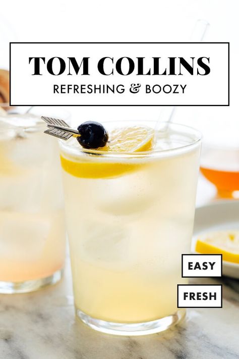 This Tom Collins recipe is the best! Tom Collins cocktails are made with gin, lemon, club soda and simple syrup. They're fizzy, refreshing, and even somewhat hydrating, so they're the perfect cocktail for warm days. #tomcollins #cocktail #summer #cookieandkate Club Soda Drinks, Tom Collins Drink, Tom Collins Drink Recipes, Tom Collins Recipe, Tom Collins Cocktail, Collins Cocktail, Cocktail Summer, Gin Lemon, Tom Collins