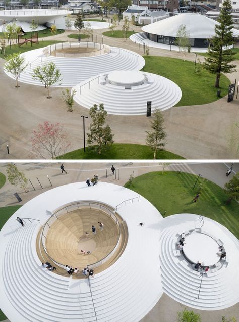 Japanese architecture firm nendo have recently completed the Cofufun plaza for Tenri Station in Nara prefecture, that features plenty of space for the local community to use for events and gatherings, and would also serve as a tourist information centre. Architecture Courtyard, Beautiful Place In The World, Creative Architecture, White Building, Urban Furniture, Landscape Plans, Tourist Information, Japanese Architecture, Local Community