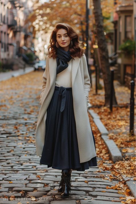 brown hair overnight blowout, ivory white sweater, thick heavy long oversized off-white wool duster coat, deep navy long wool skirt with matching scarf, wool tights, leather ankle boots Wool Duster, Long Wool Skirt, Hair Overnight, Flamboyant Natural, Wool Tights, Scarf Wool, Boho Cowgirl, Navy Coat, Fashionably Late