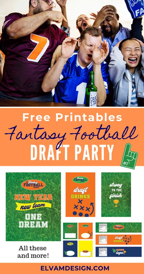 Throw a fantasy football league draft party with these free printables from elvamdesign.com. Click to view and download the full set of party printables. #fantasyfootball #fantasyfootballdraftparty #freeprintables Football Draft Party, Fantasy Football Draft Party, Fantasy Football Humor, New Year's Drinks, Nfl Fantasy Football, Fantasy Draft, Fantasy Football Trophy, Nfl Fantasy, Football Draft