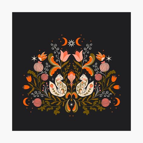 Get my art printed on awesome products. Support me at Redbubble #RBandME: https://www.redbubble.com/i/photographic-print/Little-folk-s-foxes-in-autumn-night-garden-by-AKart19/128276338.6Q0TX?asc=u K Art, Folk Illustration, Folklore Art, Folk Art Flowers, Autumn Illustration, Fox Illustration, Night Garden, Scandinavian Folk Art, Autumn Night