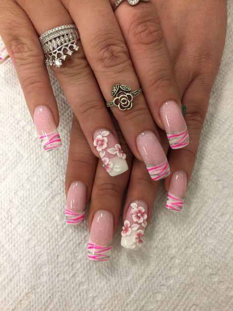 Pink and white nails design flower 3d zebra French manicure ANC Follow my girl on Instagram at @thanhsnails White French Tip With Pink Flowers, French Tip Zebra Nails, Pink French Tip Nails With 3d Flower, Pink Zebra French Tip Nails, White Nails Design, Pink Zebra Nails Y2k, Pink And White Nails, Coffin Nails Matte, Flower 3d