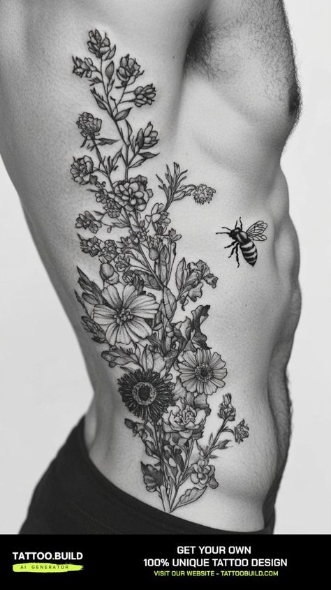 Flower Tattoos For Men Masculine, Male Flower Tattoo, Rib Tattoo Ideas, Tattoo Ideas For Guys, Men Flower Tattoo, Men's Tattoos, Masculine Tattoos, Free Tattoo Designs, Flower Tattoo Back