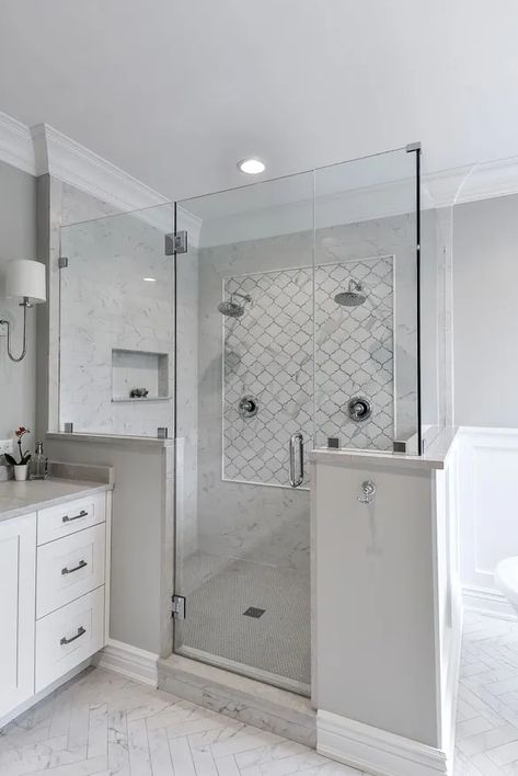 37 Fantastic Frameless Glass Shower Door Ideas - Sebring Design Build Bathroom With Corner Shower Layout, Half Glass Shower Wall, Glass Shower Door Ideas, Frosted Shower Door, Shower Door Ideas, Frosted Shower Doors, Half Wall Shower, Shower Design Ideas, Glass Shower Wall