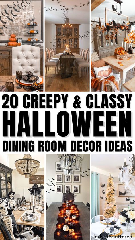 20 Creepy & Classy Halloween Dining Room Decor Ideas Halloween Decor Dining Table, Dining Room Halloween Decorations, In Home Halloween Decor, How To Incorporate Halloween Into Fall Decor, Formal Dining Room Halloween Decor, Halloween Decor Buffet Table, Nice Halloween Decorations, Farmhouse Halloween Dining Table Decor, Not Tacky Halloween Decor