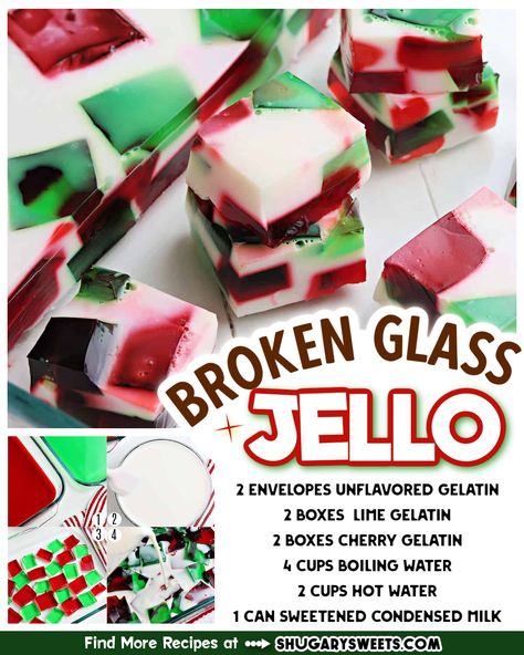 Broken Glass Jello has colorful cubes of Jell-o combined with a creamy gelatin mixture to create a beautiful design. An easy holiday Christmas dessert you can make ahead of time! Jello Jewel Dessert, Recipes Using Jello Powder, Christmas Jello Mold, Broken Glass Jello Recipe, Mosaic Jello, Stained Glass Jello, Layered Jello Recipe, Xmas Foods, Broken Glass Jello