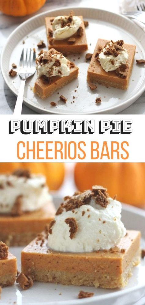 A buttery cheerios crust and a creamy pumpkin layer makes these pumpkin pie cheerios bars simply irresistible. Add a dollop of cream and a few crushed gingersnaps to the top, and you’ve got a pretty gorgeous dessert! #desserts #fallbaking #pumpkinpie #cheerios #falldesserts Pumpkin Cheerios, Cheerio Bars, Pumpkin Pie Cheesecake, Pumpkin Pie Bars, Salty Cake, Pie Bar, Pumpkin Cream, Orange Cake, Fall Baking