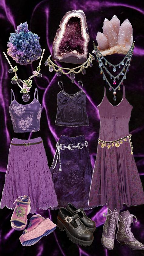 purple whimsigoth outfits #purple #whimsigoth #outfitinspo #lookbook Purple Whimsigoth Outfit, Purple Fairycore Outfit, Purple Whimsigothic Outfit, Purple Hippie Aesthetic, Purple Witch Outfit, Whimsigoth Jacket, Purple Bag Outfit, Purple Y2k Outfit, Purple And Blue Outfit