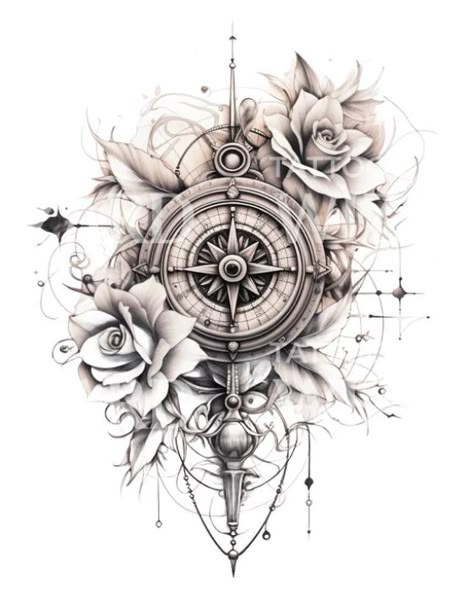 Women Compass Tattoo Ideas, Compass With Rose Tattoo Design, Rose And Clock Tattoo For Women Shoulder, Compass Wrist Tattoos For Women, Nautical Floral Tattoo, Anchor And Compass Tattoo Women, Map Tattoos For Women, Compass Skull Tattoo, Girly Compass Tattoo