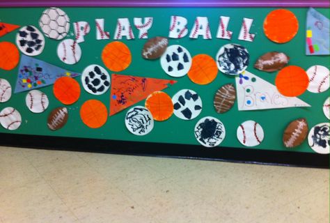 Pre-k. Sports theme wall Sports Bulletin Board Ideas Hallways, Bulletin Board Ideas Hallways, Sports Bulletin Board Ideas, Sports Bulletin Boards, Eric Carle Classroom, Creative Curriculum Preschool, Sports Classroom, Sports Theme Classroom, Classroom Boards