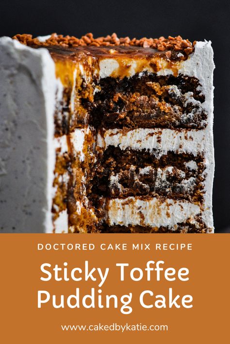 Three layers of moist sticky toffee pudding cake covered in a whipped dairy-free black pepper buttercream. An easy doctored cake mix recipe that will wow every tastebud. Sticky Toffee Pudding Wedding Cake, Sticky Toffee Pudding Layer Cake, Fall Cheesecakes, Pudding Layer Cake, Toffee Pudding Cake, Gf Cake Recipe, Dairy Free Buttercream, Sticky Toffee Pudding Cake, Doctored Cake Mix Recipes