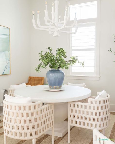 A Peek At Our New Florida Home Tour Small Coastal Dining Room, How To Style A Buffet, Simple Decorating Ideas, Carriage House Apartments, Florida Decorating, House Staging, Life On Virginia Street, Blue Linen Bedding, Florida Decor