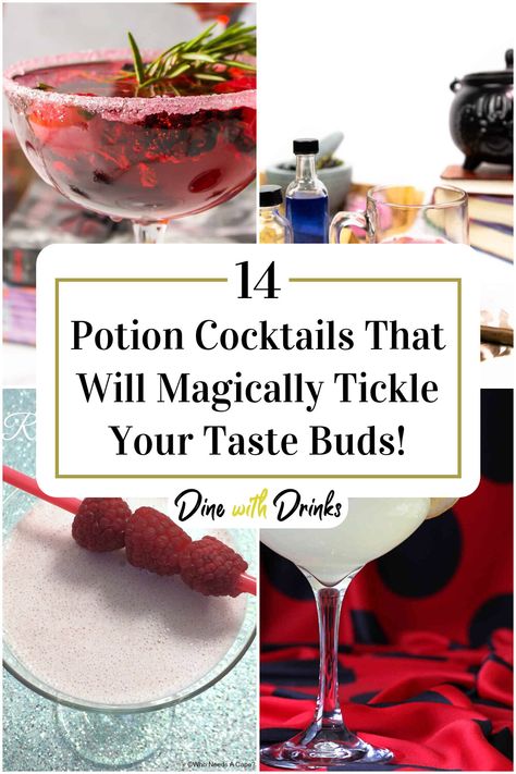 Collage of 4 potion cocktails. Potion Cocktails, Night In With Friends, Themed Drinks, Delicious Drinks, Drink Up, Halloween Parties, Mixology, Yummy Drinks, Taste Buds