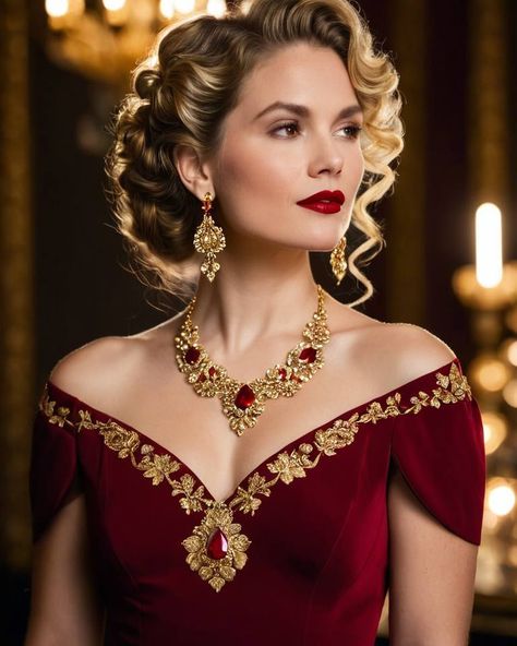 A woman in a deep red dress with gold floral embroidery, viewed from the waist up, looking slightly left. She has a loose, curly updo, wears red gemstone earrings, a gold necklace, and bold red lipstick. #AI #AIArt #AIPhotography #GenerativeAI #RedCarpetGlam #ElegantPortrait #FashionPortraiture #RedAndGold #EveningGown #ClassicBeauty #StyleIcon #GlamourShot #LuxuryFashion #TimelessElegance Red Dress With Gold Accessories, Loose Curly Updo, Deep Red Dress, Curly Updo, Glamour Shots, Red Gemstones, Red Lipstick, Gold Floral, Wearing Red