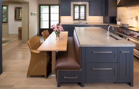 leather-bench-seating-kitchen Kitchen Table With Bench Seating, Modern Banquette, Bench Seating Kitchen, Kitchen Table Bench, Kitchen Island Bench, Island Table, Kabinet Dapur, Kitchen Island Table, Kitchen Seating