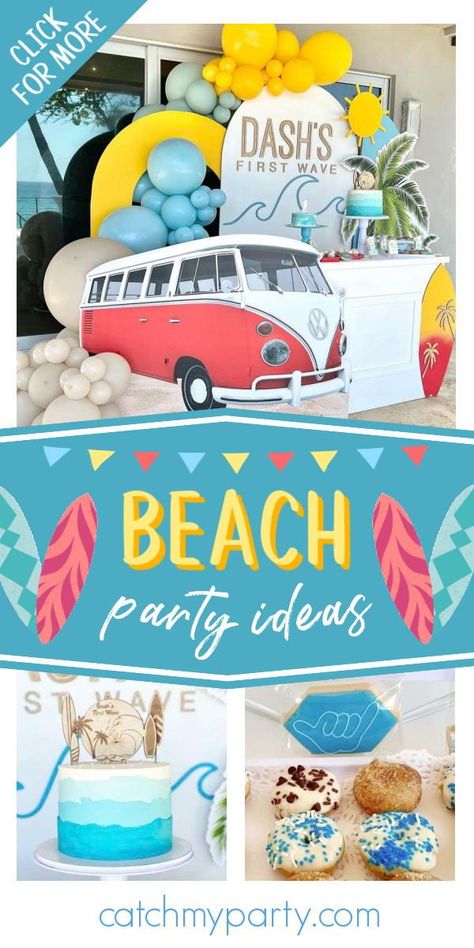 Beach Themed 1st Birthday Boy, Summer Birthday Themes For Boys, 2nd Birthday Beach Theme, First Birthday Summer Theme Boy, Boy 1st Birthday Themes Summer, Beach First Birthday Party, Surf Theme Birthday Party, Surf Party Ideas, Beach First Birthday