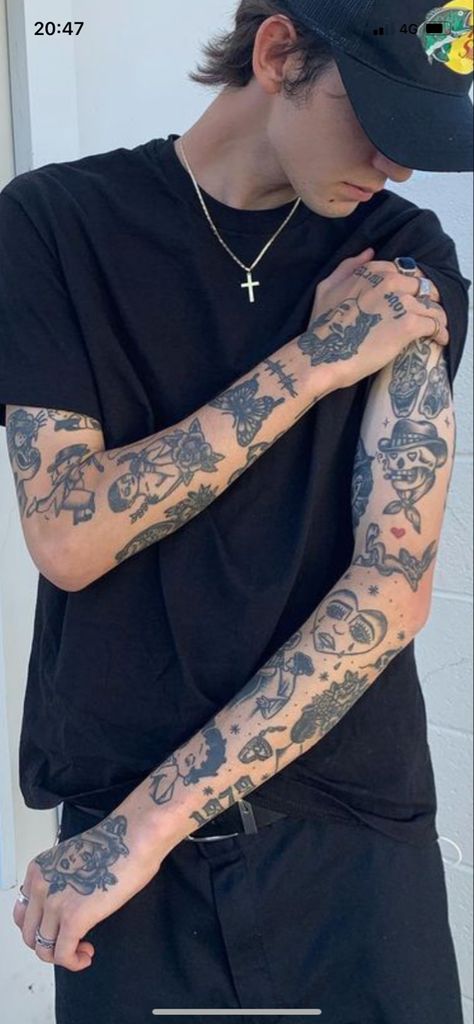 Grungy Tattoos For Men, Edgy Guy Tattoos, Scattered Sleeve Tattoo For Men, Chest Patchwork Tattoo Men, Tattoo Sleeve Ideas Unique, Patchwork Sleeve Men, Patch Tattoo Men, Patchwork Tattoos Men, Patchwork Sleeve Tattoo Men