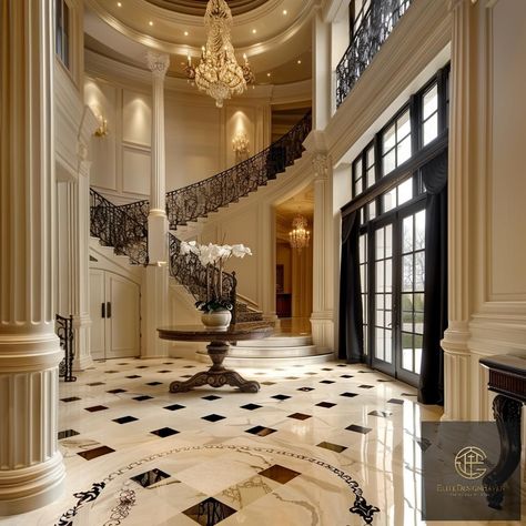 Welcoming you to a glimpse of my dreamy foyer where elegance meets luxury ✨ #HomeSweetMansion #InteriorGoals #FoyerDesignInspiration Old Money Foyer, Old Money Entryway, Elegant Foyer Ideas Entryway, Fancy Entryway, Fancy Foyer, Italy Mansion, Luxury Foyer Entrance, Regency Interiors, Dream House Layout