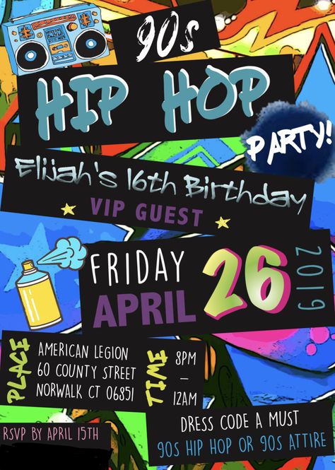 Birthday Party 90s hip hop invite 90s Rnb Party, 90s Rnb Party Theme, 90s Party Invitation Ideas, 90s Theme Invitations, 90s Invitation Ideas, Hip Hop Party Invitations, Hip Hop Invitations, 90s Hip Hop 30th Birthday Party, 90s Party Invitation